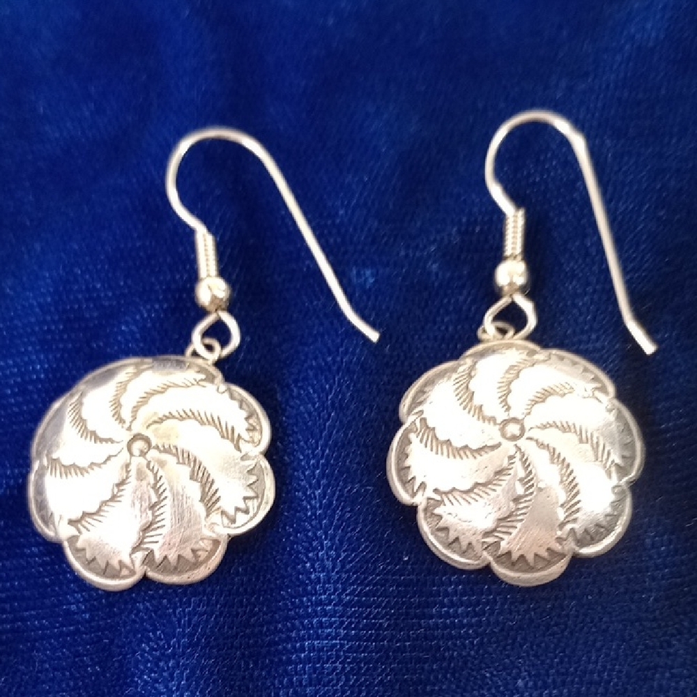 Sterling Silver Stamped Whirlwind Floral Concho Dangle Earrings